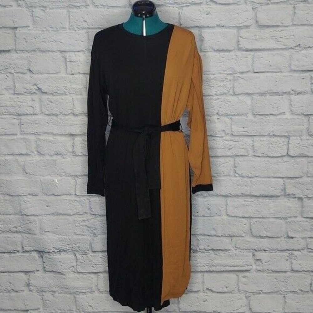NWT Zara Womens s color blocked long sleeve belted waist midi dress Sz M